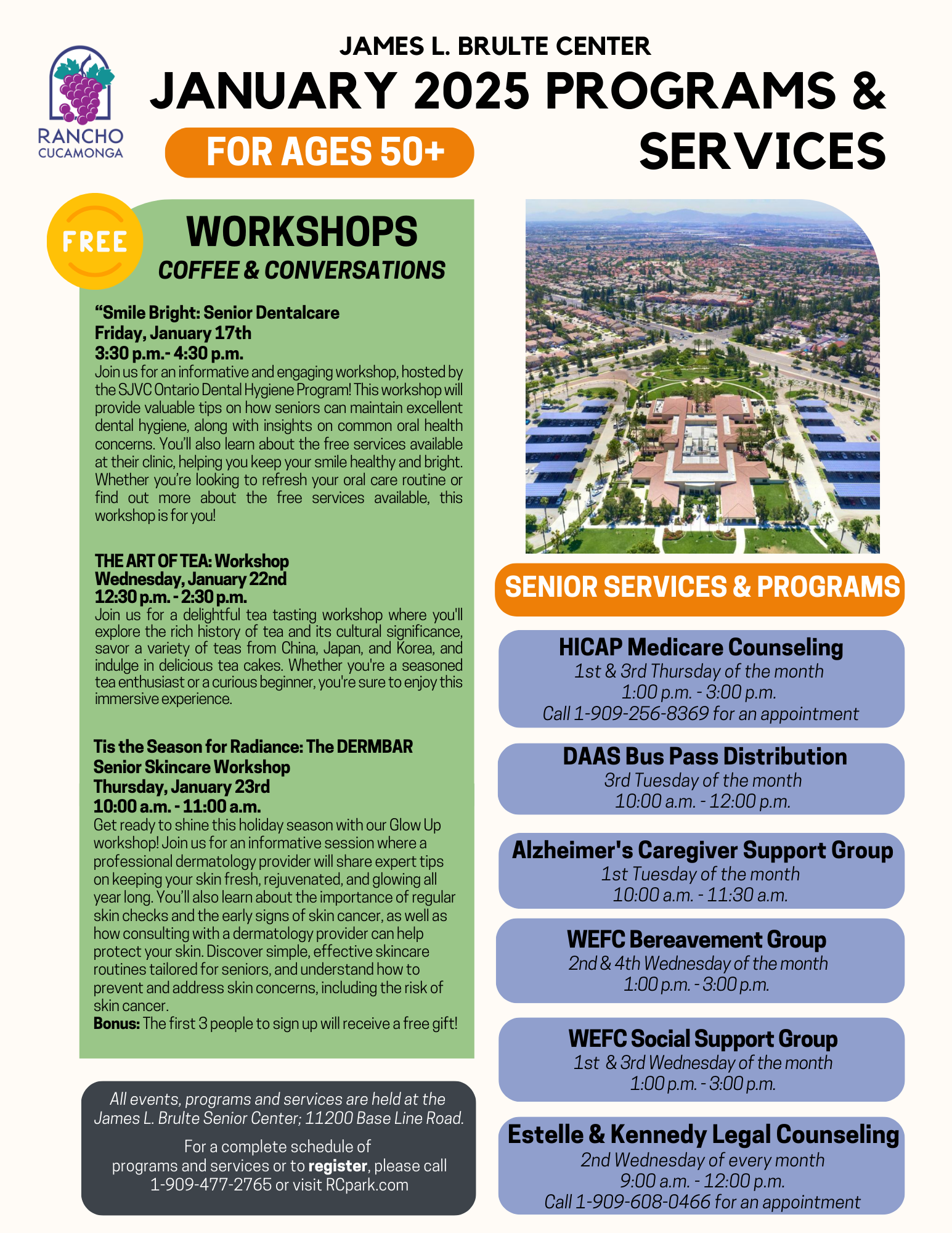 List of workshops & activities for January 2025. Specifically for seniors