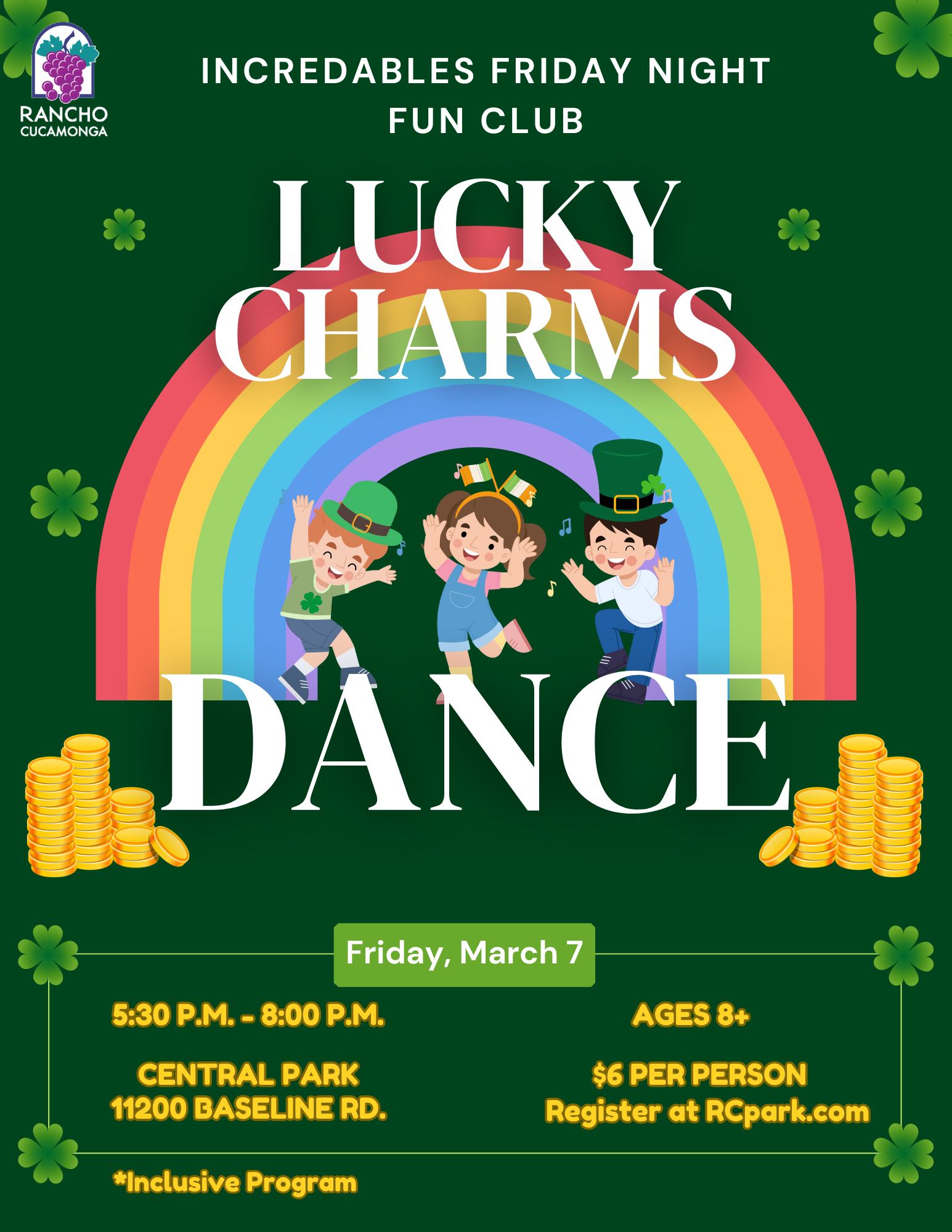 St. Patrick Day Dance flyer for inclusive program, green and gold