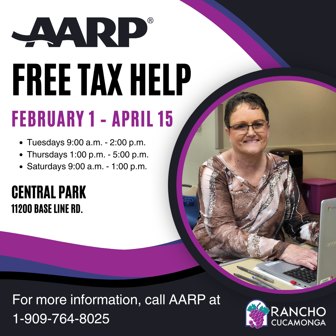 A black, white, and purple background with the City of Rancho Cucamonga logo. Bottom righthand side is a photo of an elderly woman, who's smiling and has a computer laptop with her. Along with the graphic is a big text that reads "AARP™ Free Tax Help". "For more information, call AARP at 1-909-764-8025.