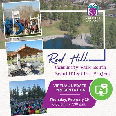 Red Hill Community Park water feature, playground, picnic shelters, and crowd at concerts in the park.