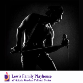 Silhouette of a man singing into a microphone. Lewis Family Playhouse at Victoria Gardens Cultural Center.