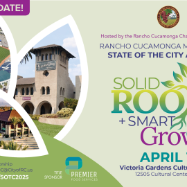 Mayor's State of the City Address save the date graphic with images of San Antonio Medical Building, Quakes Stadium and Thomas Winery building