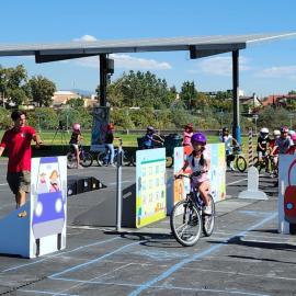 Students participating in a bicycle safety rodeo